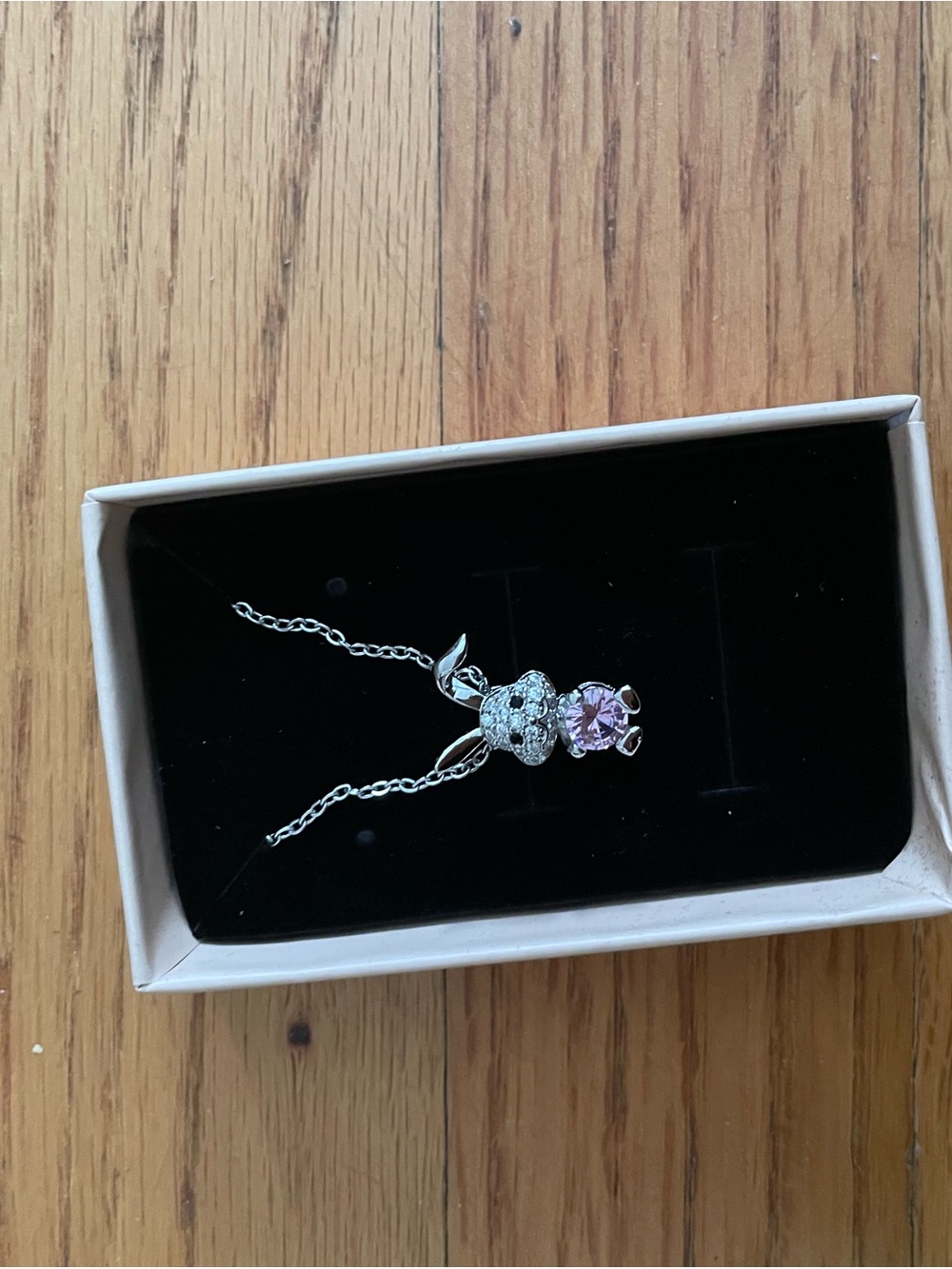 Silver Bunny Pendant Necklace with Pink Gem